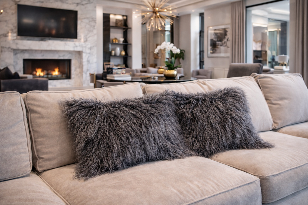 2 Black Frost Real Mongolian Lamb Fur Pillows in a Luxurious Livingroom as decor