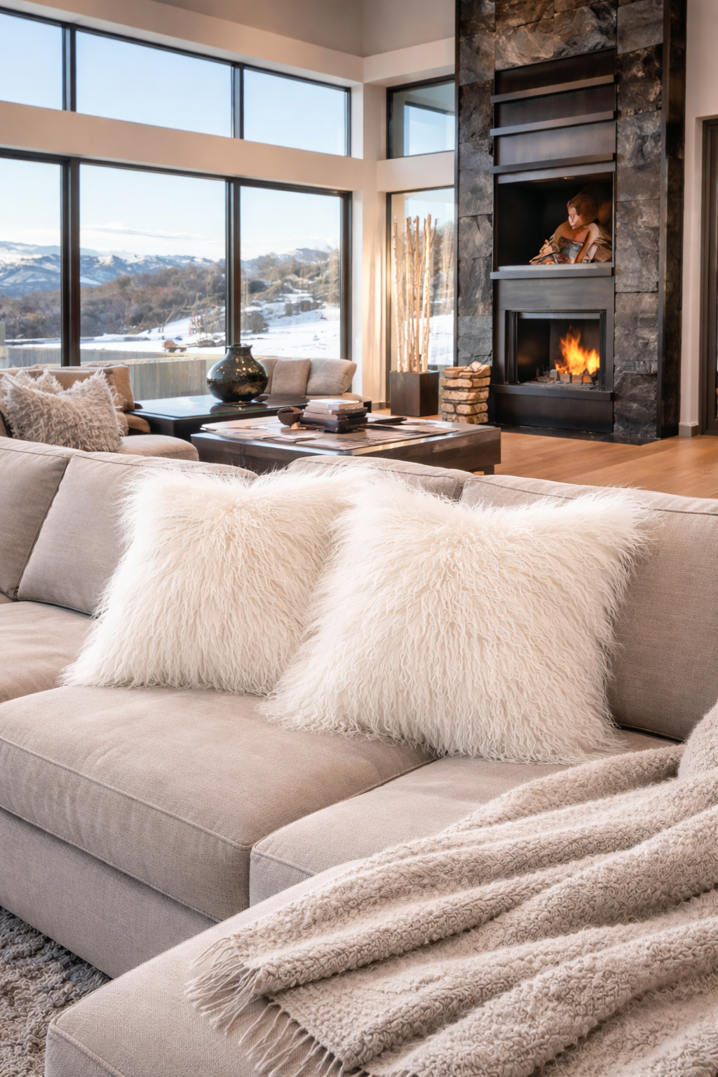 2 White Real Mongolian Lamb Fur Pillows in a Luxurious Livingroom as decor