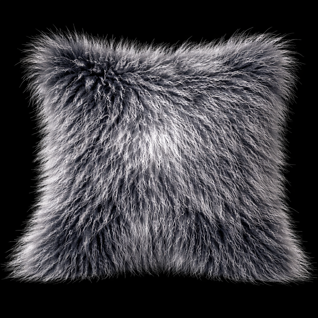 Black Frost Genuine lamb fur pillow in square shape on black background