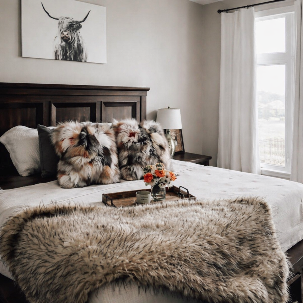 Cozy bedroom with fur throw and Real Fox Fur Pillows in Red and Silver Fox Color 