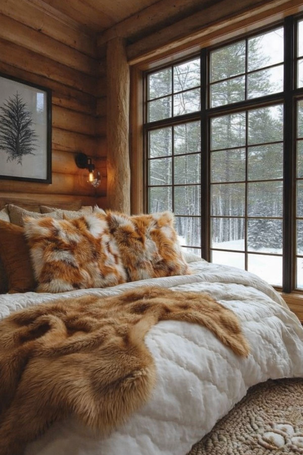 Cozy bedroom with real Red fox fur pillows on bed