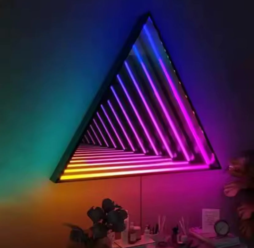 Large triangular LED infinity mirror light unique statement neon decor for modern home den games room 
