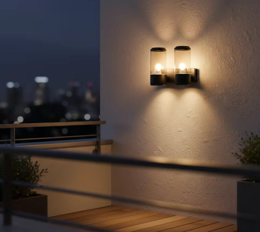 Lumièra Halo Glass Cylinder Wall Sconce wall light fixture on building exterior
