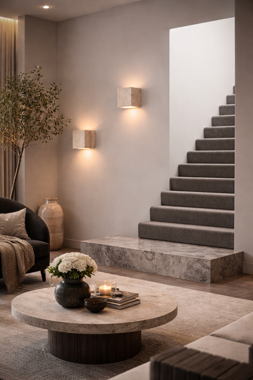Luxury travertine stone Wall lighting by hallway indoors 