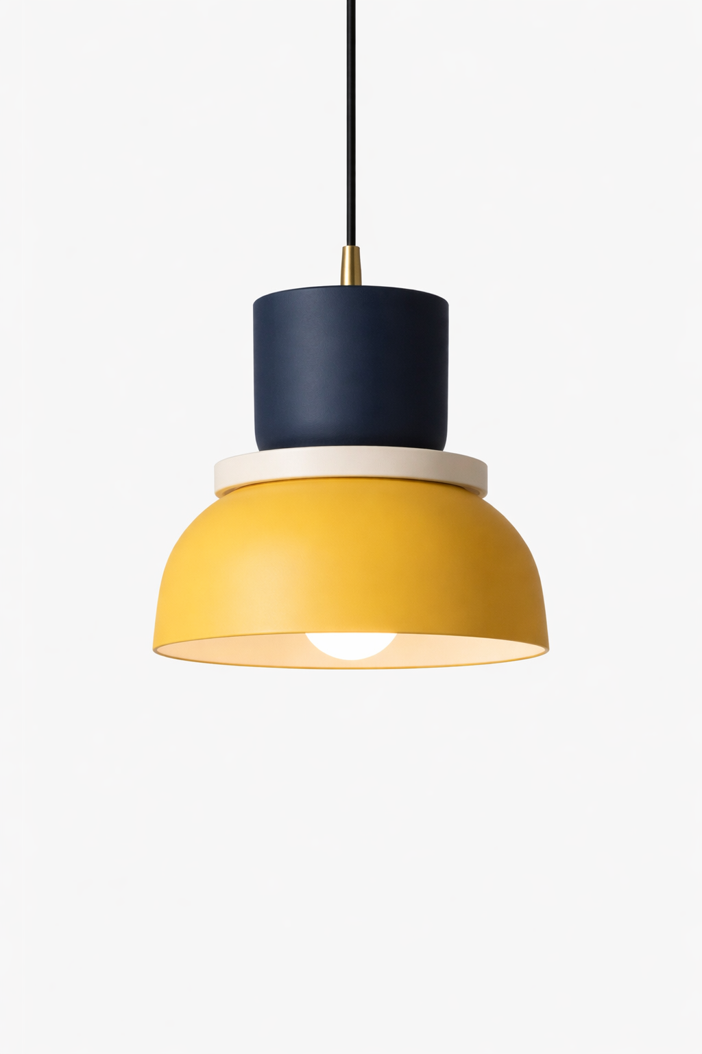 Modal pendant light with navy and yellow design.