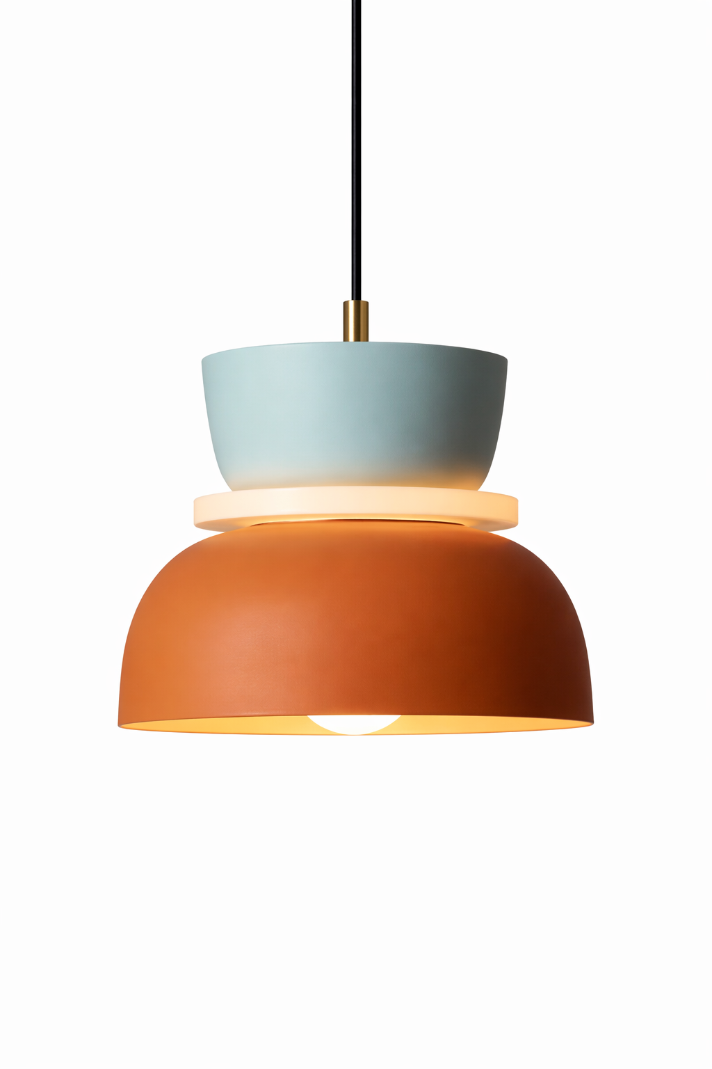 Modal pendant light with pastel blue top and bright orange bottom.