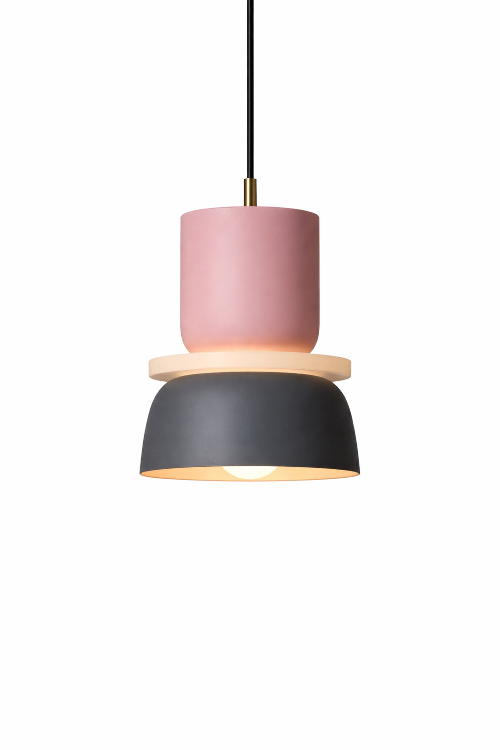 Modal pendant light with pastel pink top and dark grey bottom.