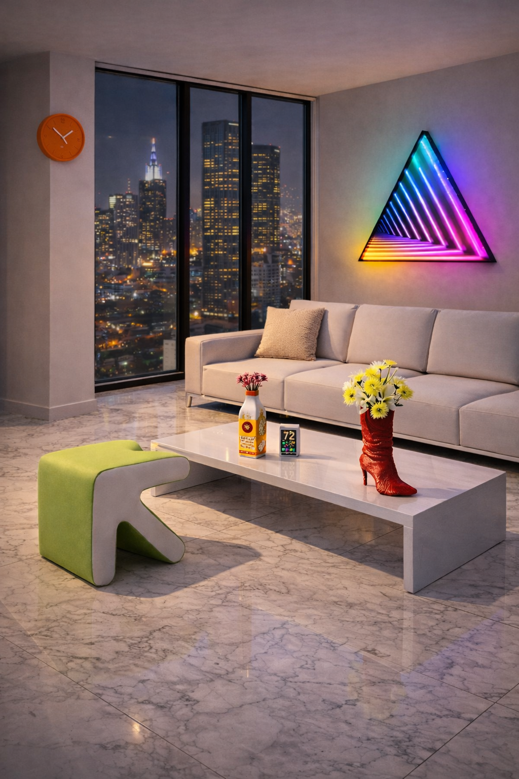 Modern Livingroom with a cityscape view , neon infinity mirror wall light , le boot vase and. Corner clock by Just Peachy Home decor