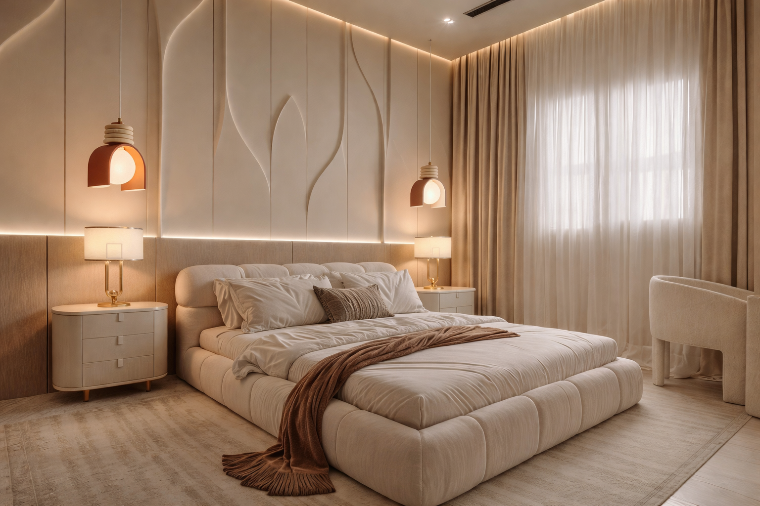 Modern bedroom with modern pendant lights with beige walls, bed and decor