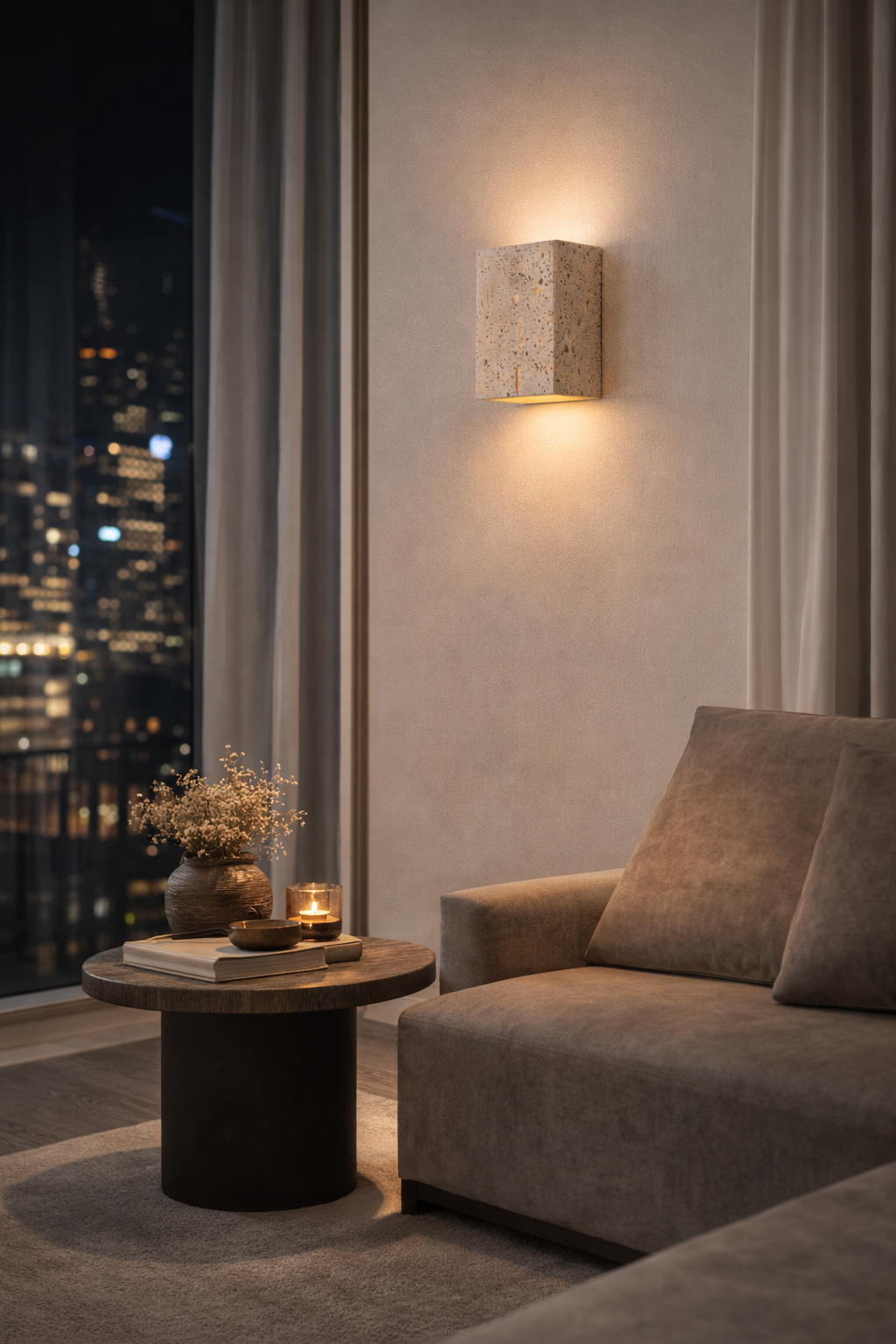 Modern living room reading book with travertine stone wall lamp