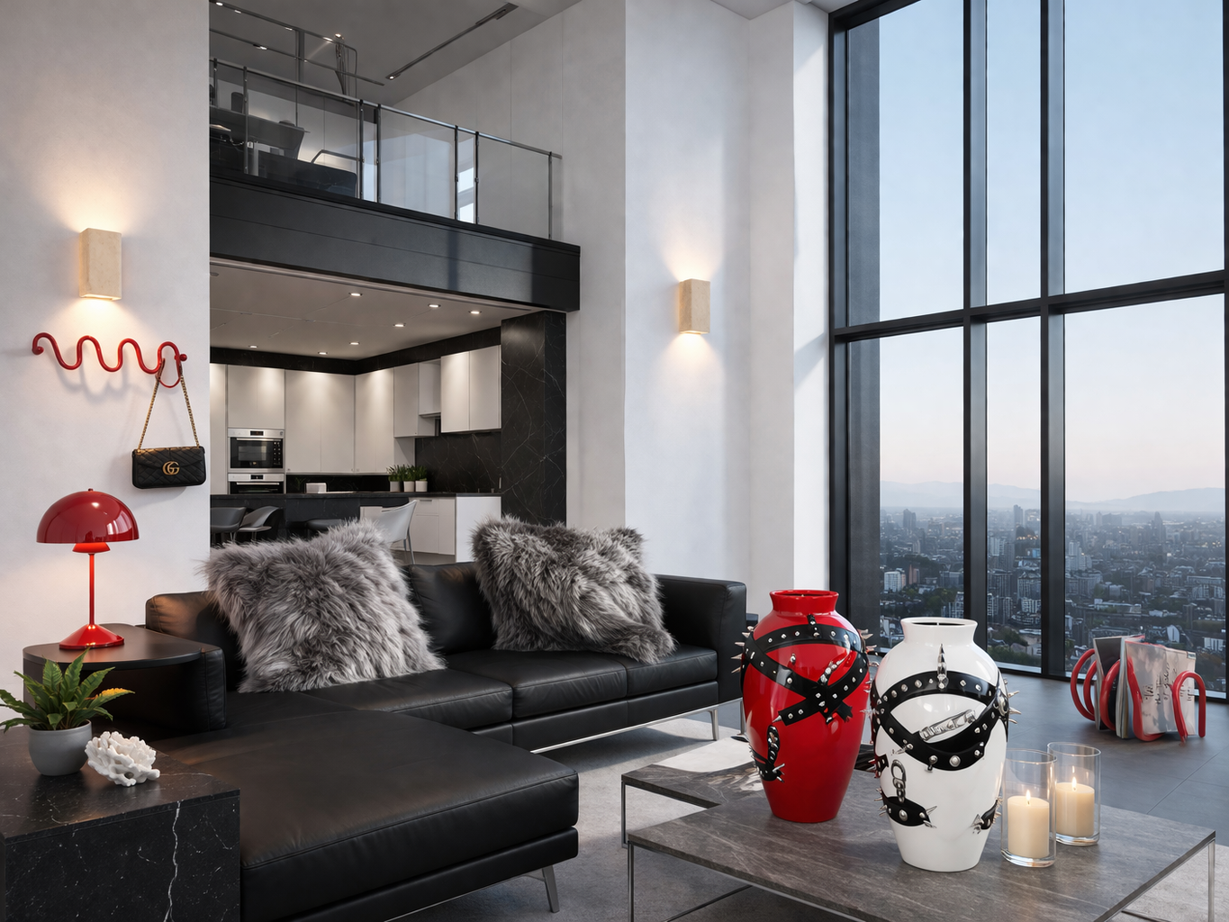 Modern luxury condo with Supreme Vases in Red and White , Bauhaus lamp in red and Real Fox fur pillows on leather couch
