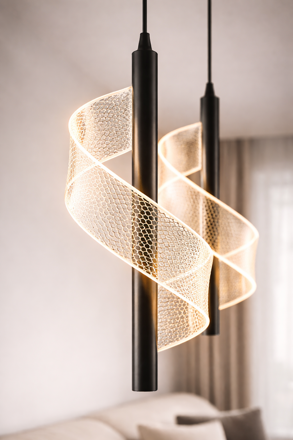 Modern pendant light with a spiral design in a room setting