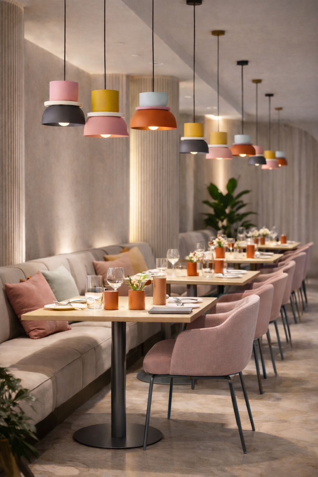 Modern restaurant interior with tables, chairs and Modal colorful pendant lighting.