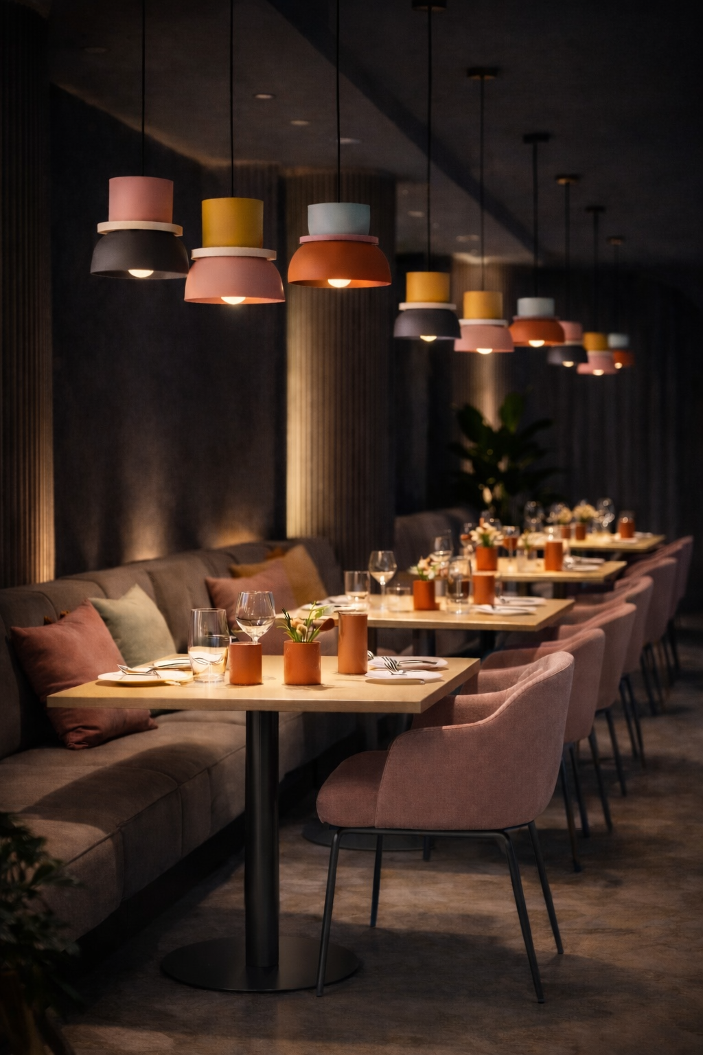Modern restaurant interior with tables, chairs and Modal colorful pendant lighting dimmed.