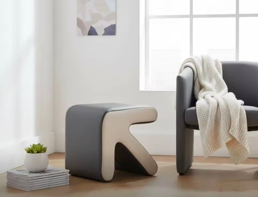 Napa leather arrow foot stool ottoman in grey tan  perfect unique modern funky home statement stylish decor