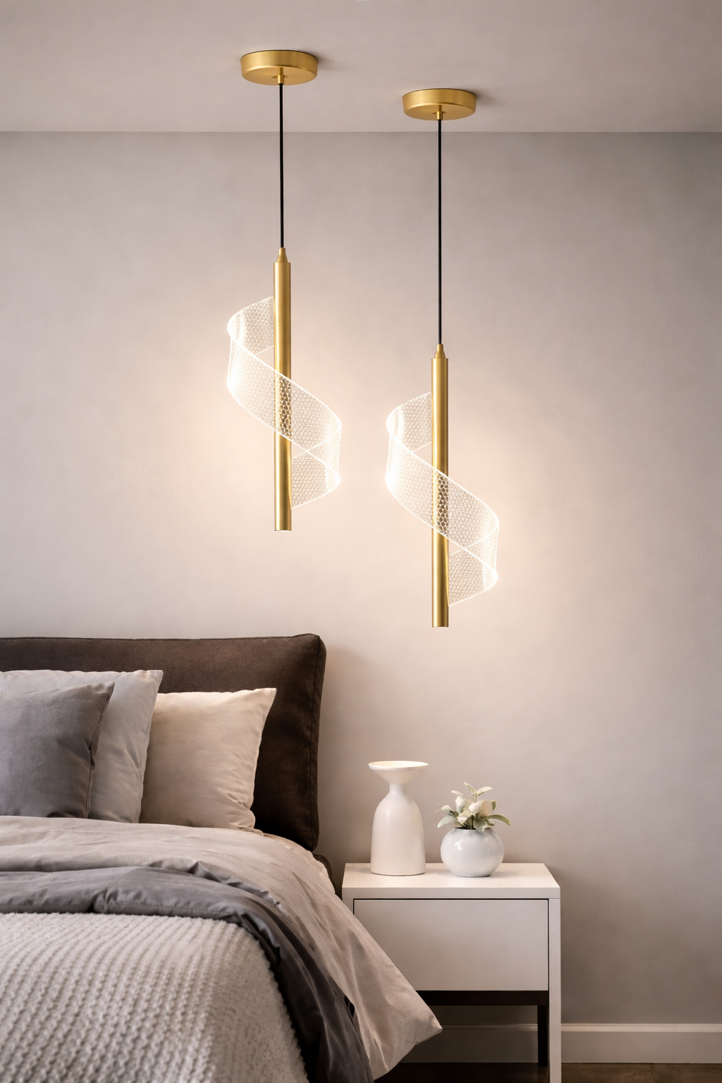 Noir Halo Spiral LED Pendant Light – Modern Minimalist Hanging Lamp (Gold) In bedroom