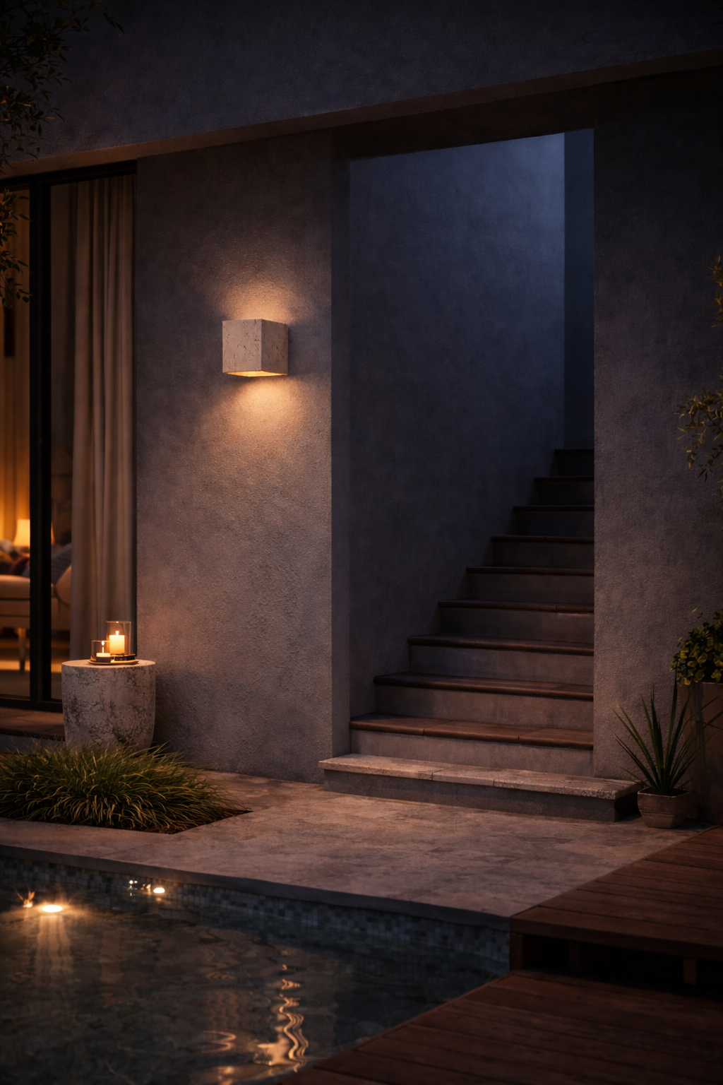 Outdoor backyard travertine stone wall sconce luxury lighting by the pool