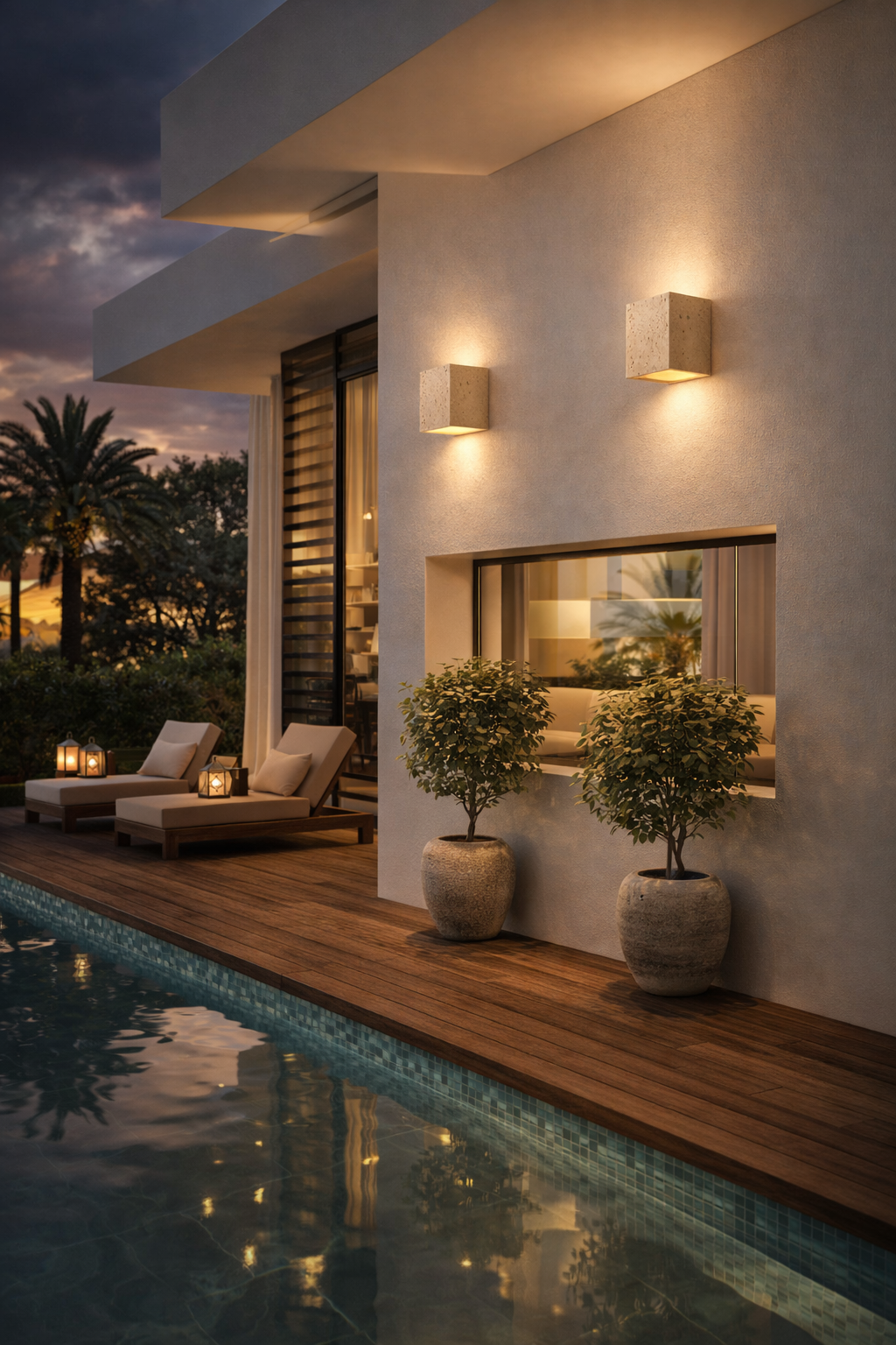 Outdoor backyard travertine wall sconce luxury lighting by the pool
