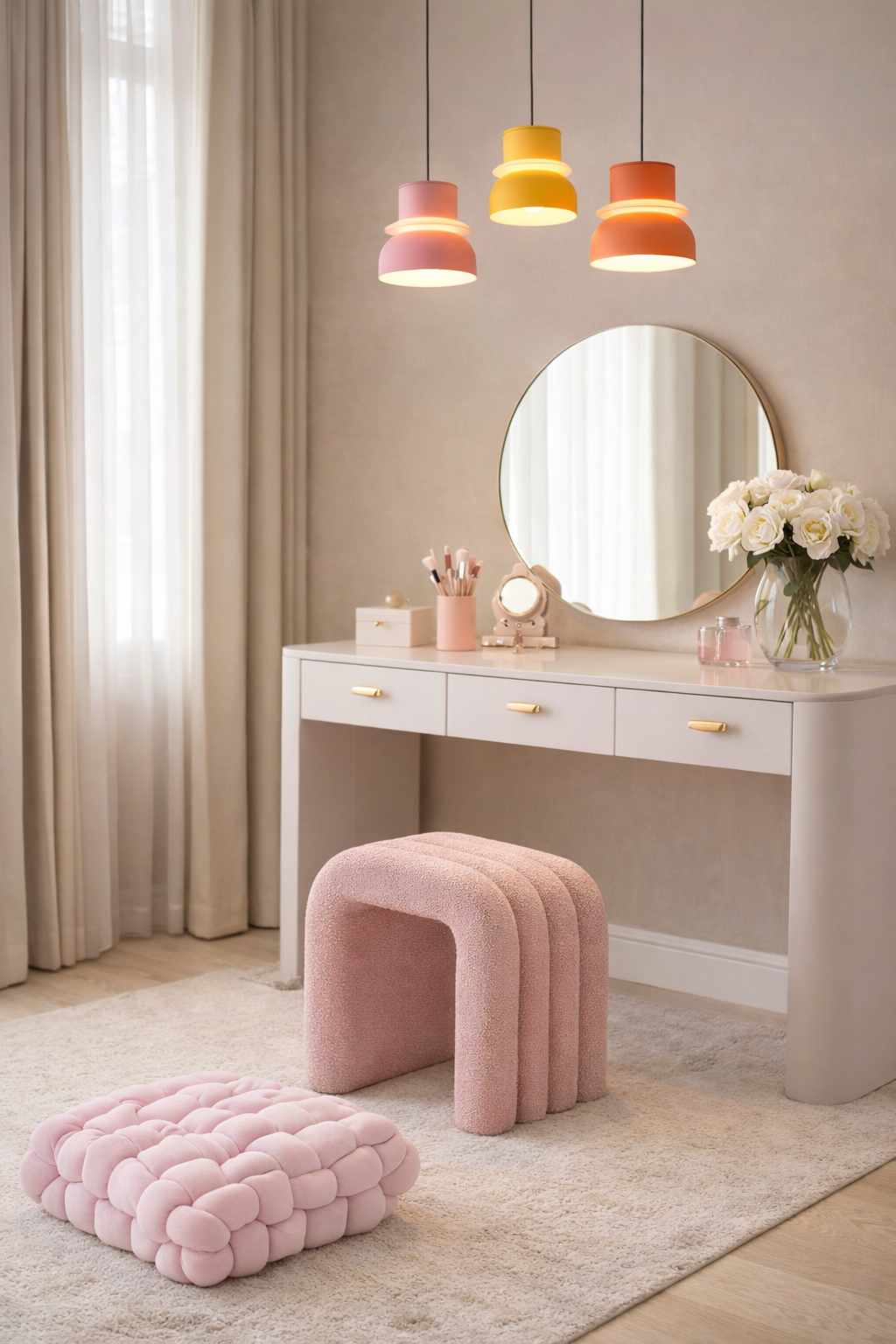 Pastel pink themed vanity table with Perla knotted cushion and Grotto Italian Expresso mug on table.