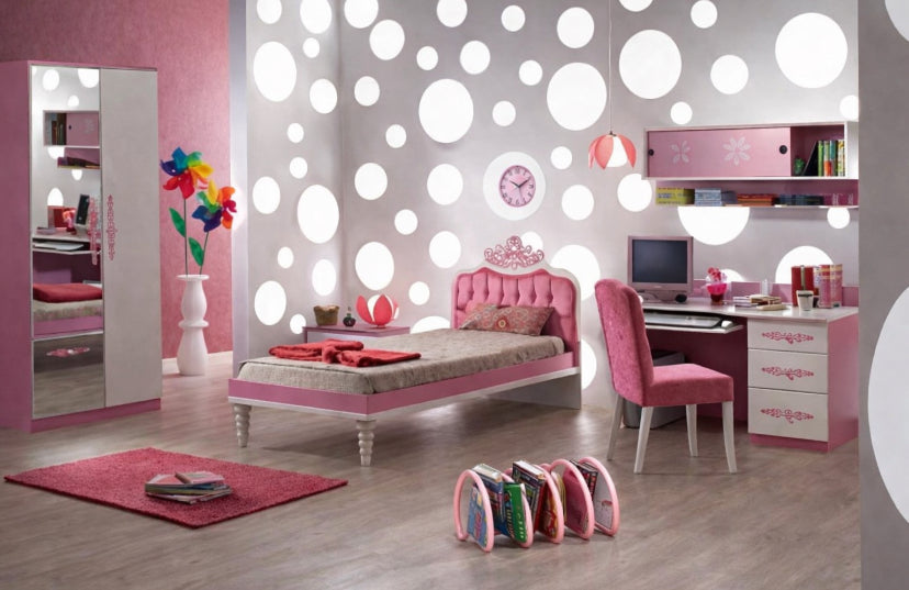 Pink Ripple Rack book shelf and book end in luxury modern pink themed girls room 