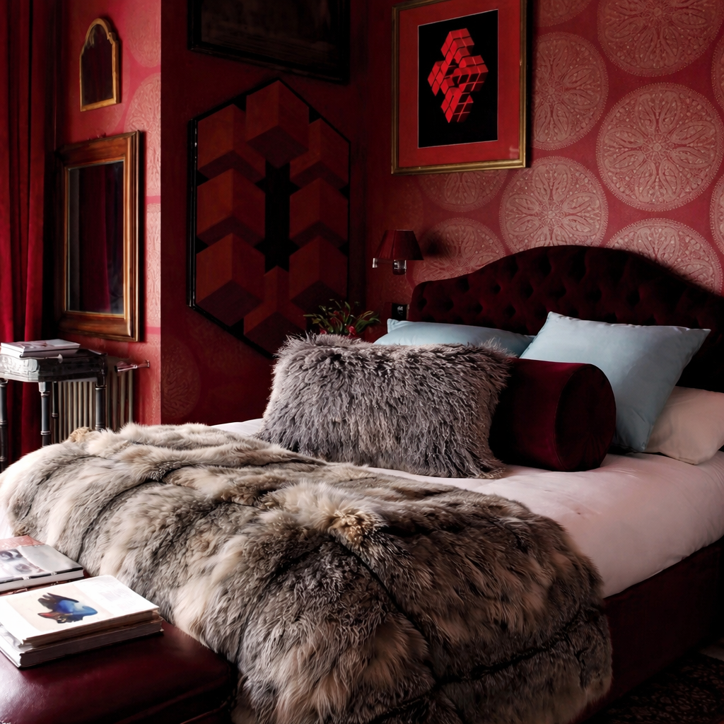 Real Mongolian lamb fur pillow on gorgeous modern luxurious interior designed bedroom 
