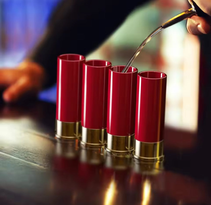 Red shotgun shell shotglasses with liquor shots being poured into them Extra large size high quality gift