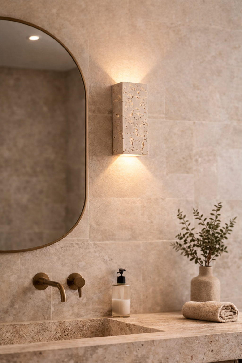 Travertine stone sconce in bathroom for luxury decor