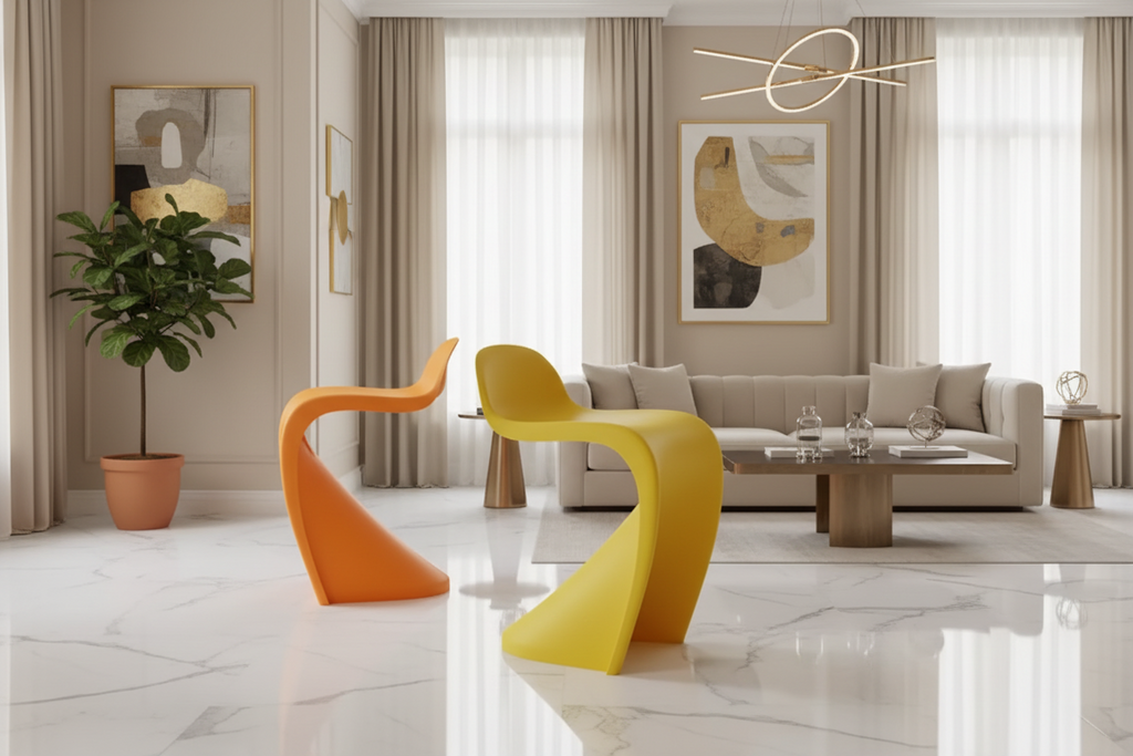 Two Ula colourful stack chairs in luxury living room