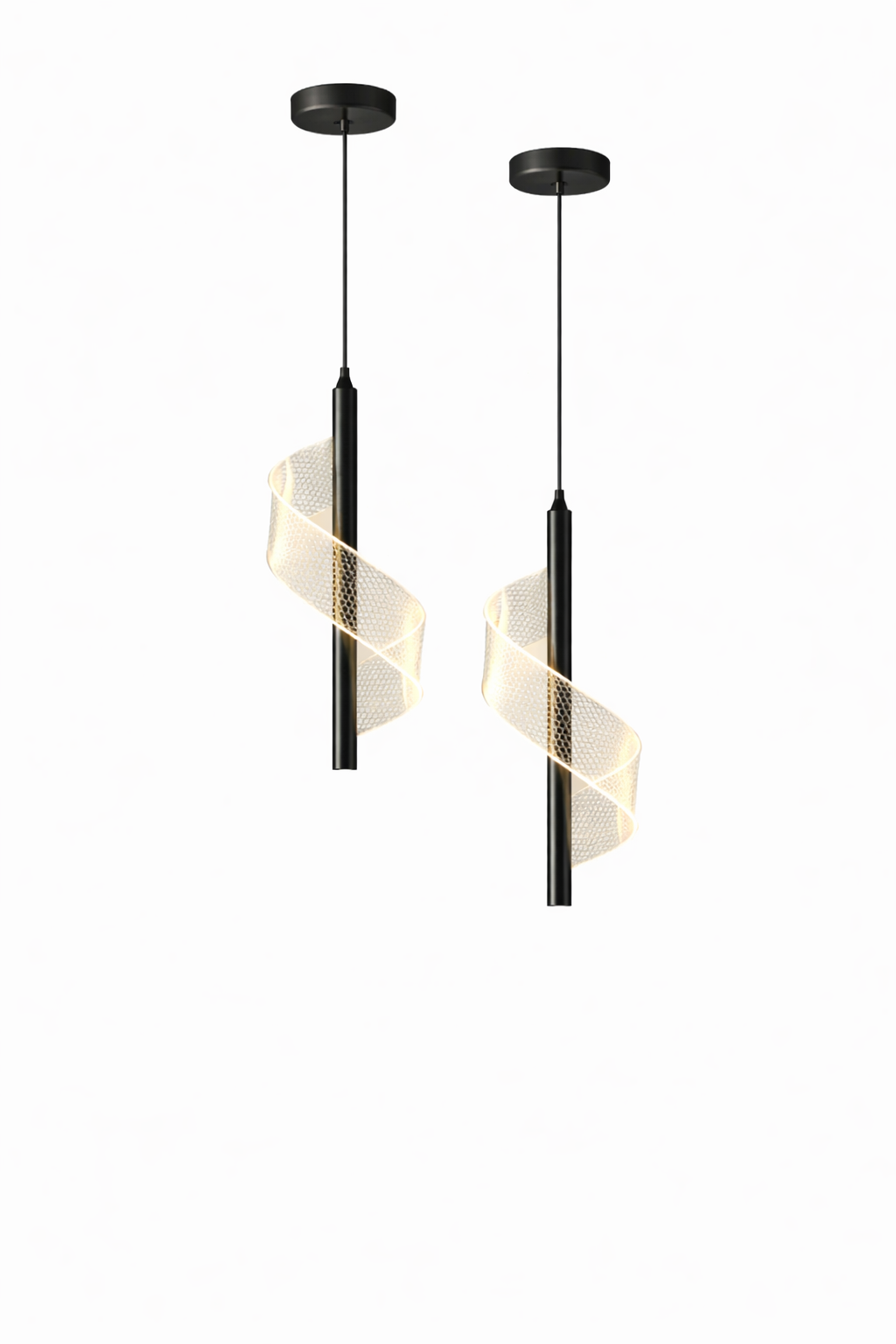 Two modern pendant lights with black fixtures and white geometric shades on a white background.