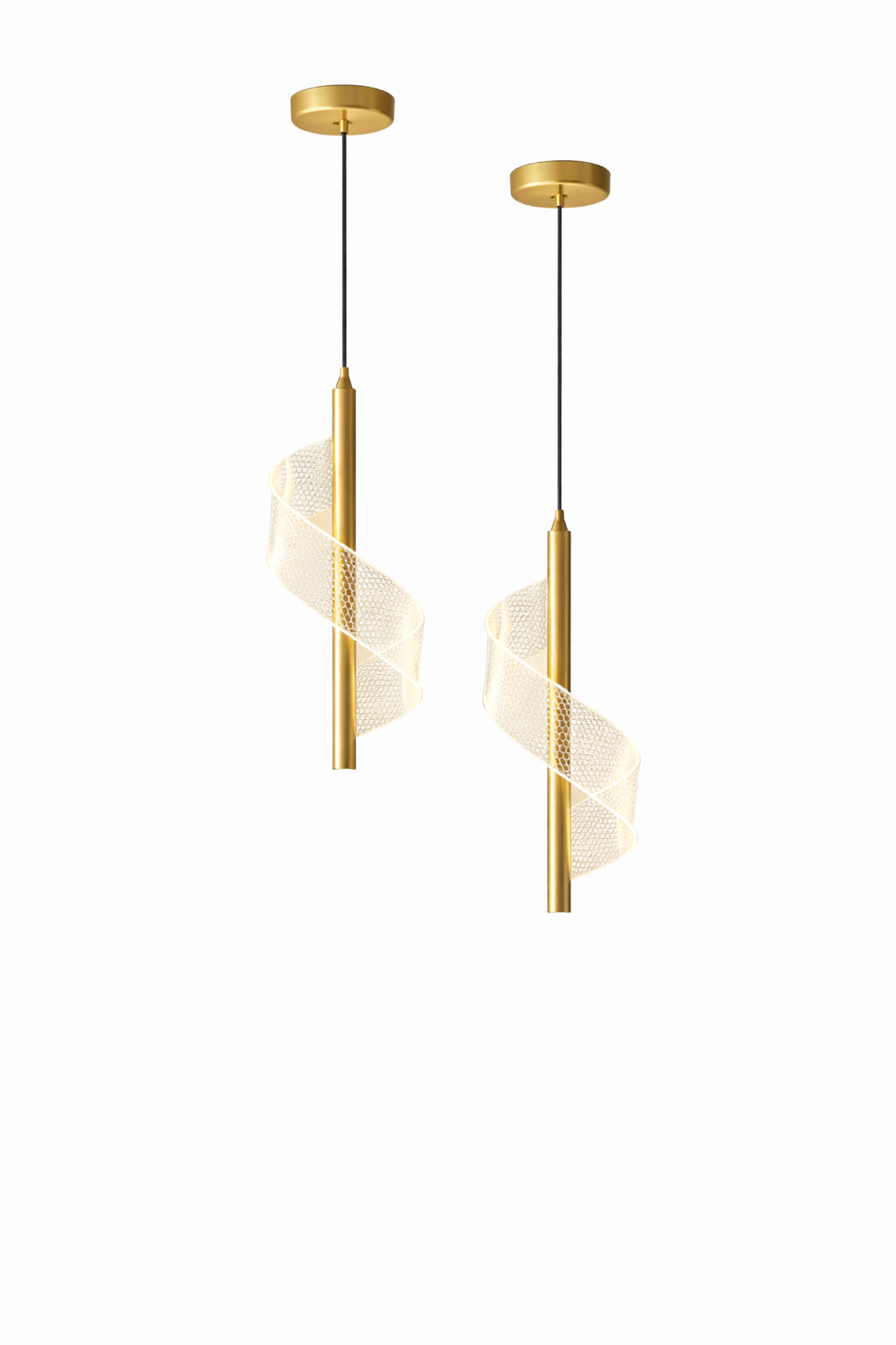 Two modern pendant lights with gold fixtures and white geometric shades on a white 